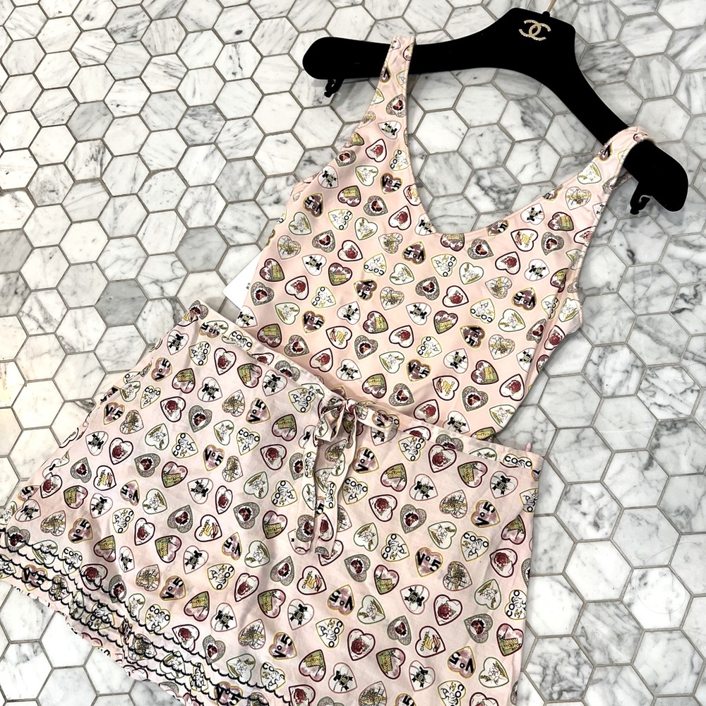 Vintage Chanel CC Pink Coco Heart Valentines Printed Bathing Suit Set Swimwear